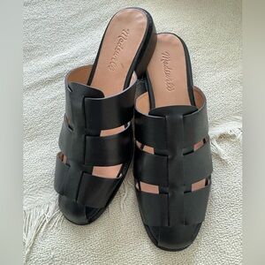 Madewell black leather woven mules. The Dixon fisherman sandal.